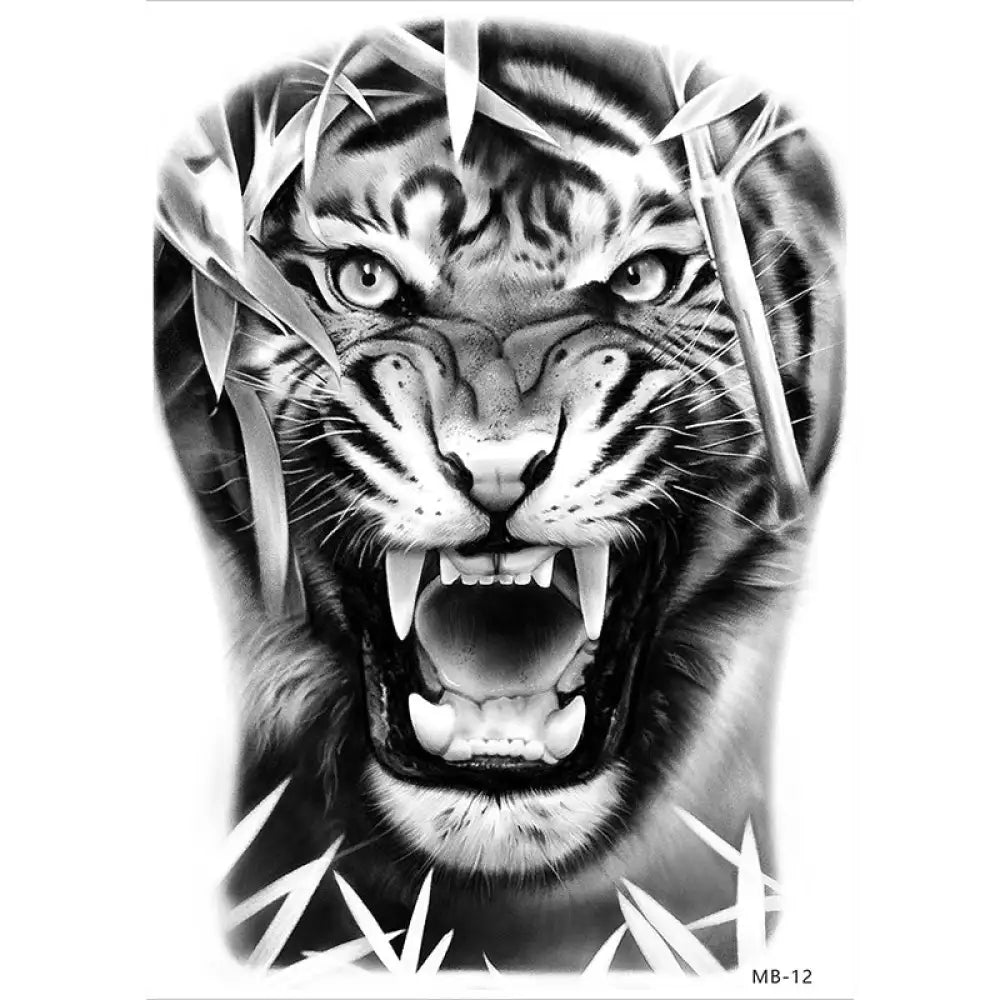 Black and white roaring tiger tattoo sticker with bamboo accents