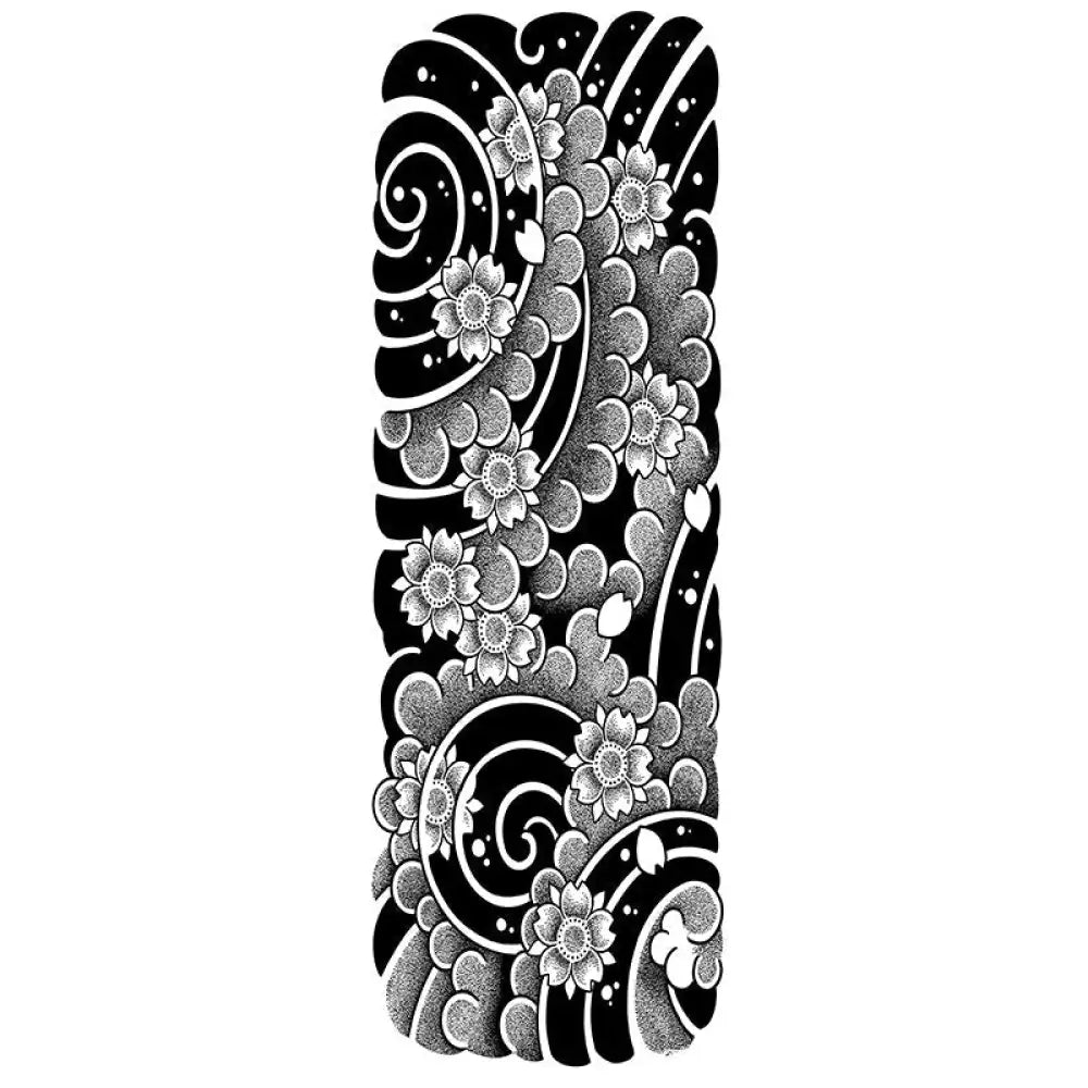 Sakura Wave Flow black and white tattoo sticker with cherry blossoms and waves