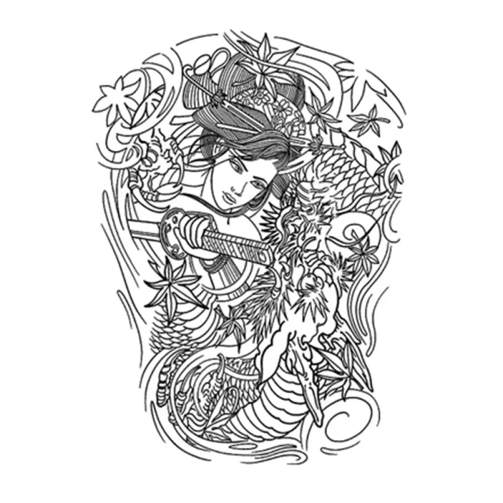 Sword Maiden with katana, dragon, and maple leaves tattoo sticker