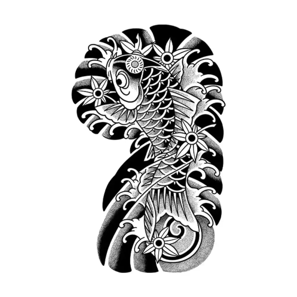 Stylized Ukiyo-e Koi black and white tattoo sticker with waves, flowers, crisp dot shading