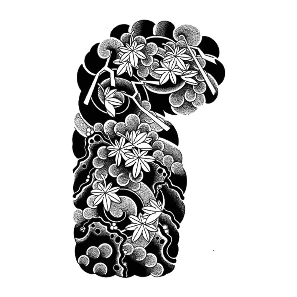 Ukiyo-e maple tattoo sticker of black and white leaves and clouds