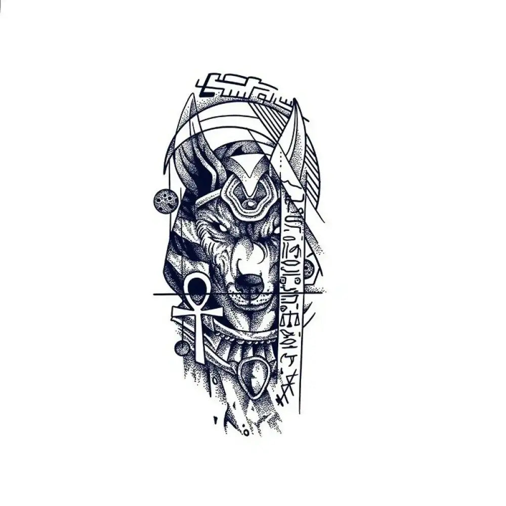 Stylized black and white Anubis tattoo design from Anubis Ankh Guardian collection