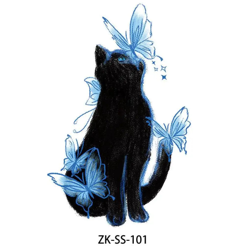 Aqua Floral tattoo sticker featuring a stylized black cat with luminous blue butterflies