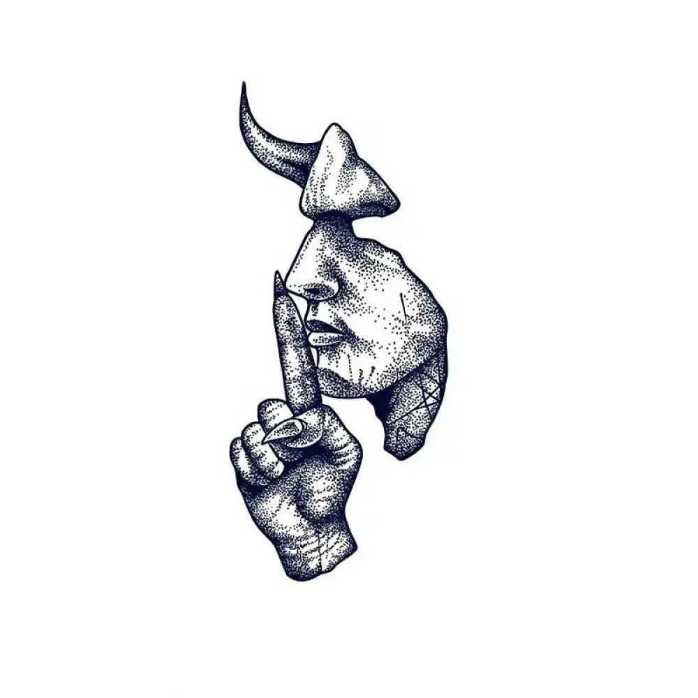 Black and white stippled tattoo sticker of a face with a finger to lips and a horn cap