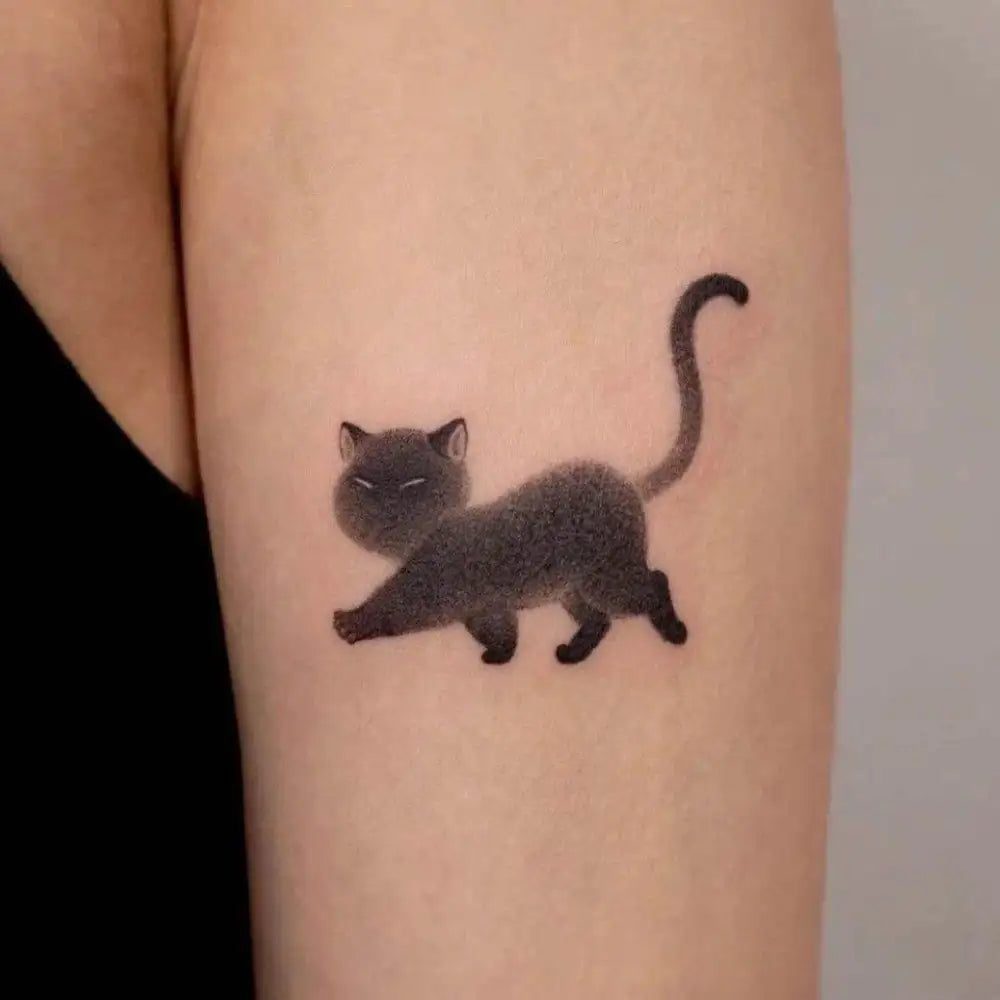 Black cat tattoo sticker with fluffy texture and expressive face from Advanced Hand-Drawn Design Collection