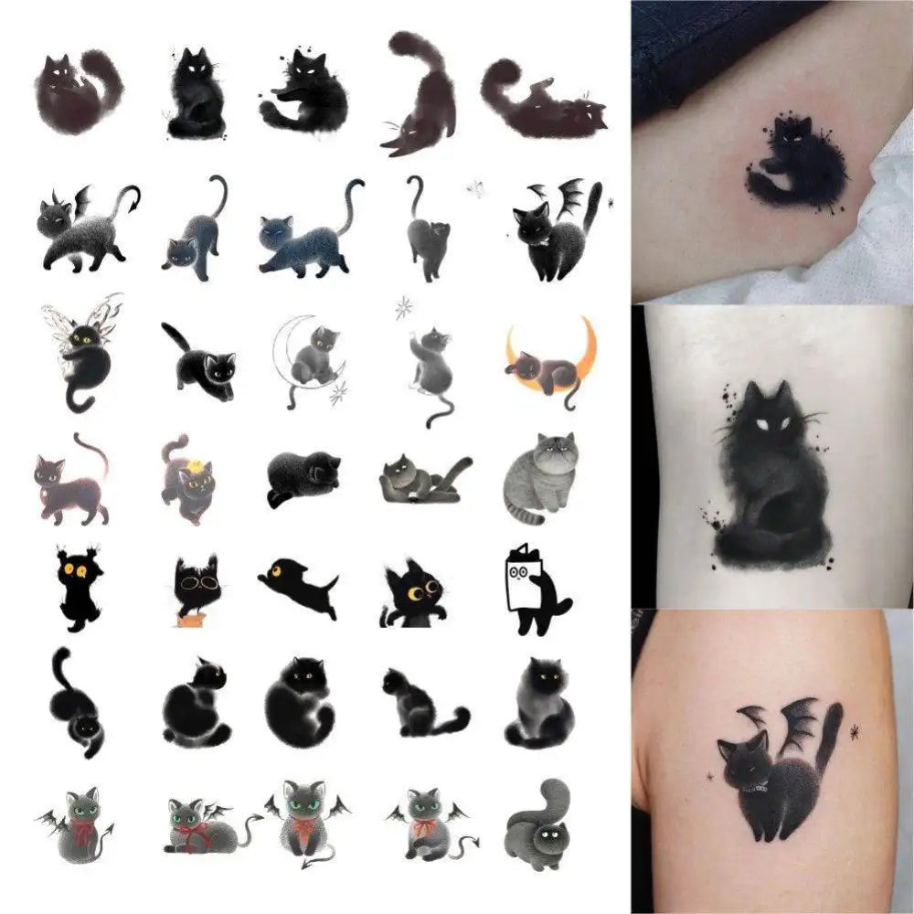 Black cat tattoo sticker sheet with advanced hand-drawn design and skin application examples