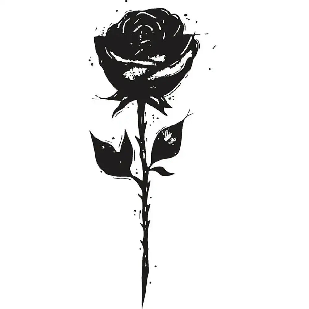 Black rose with thorny stem in woodcut style, small tattoo sticker