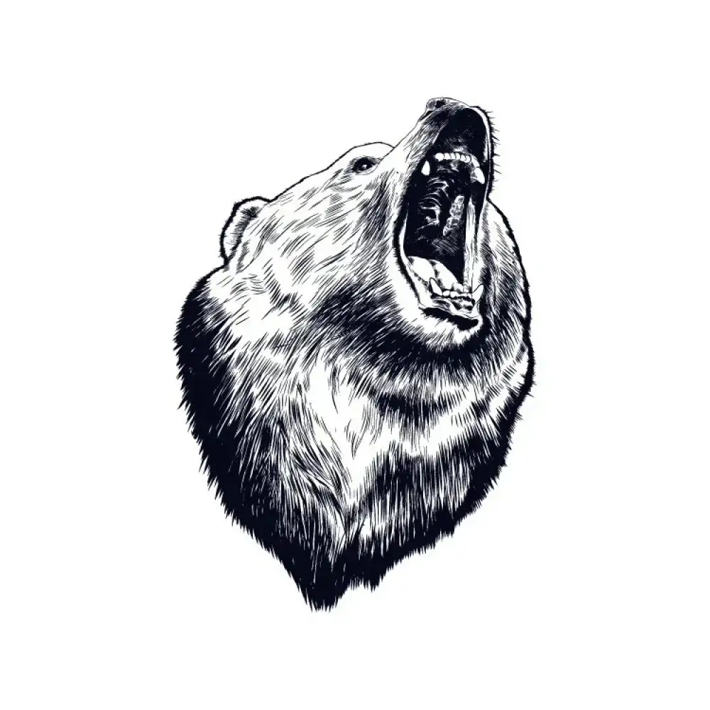 Black and white sketch of roaring brown bear head for small tattoo sticker