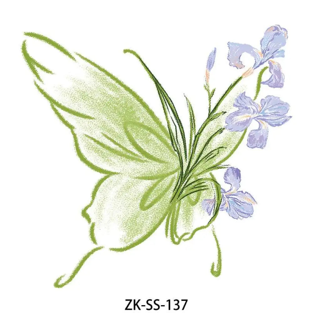 Green butterfly wing tattoo sticker with purple iris flowers from Cappuccino Floral small tattoo collection
