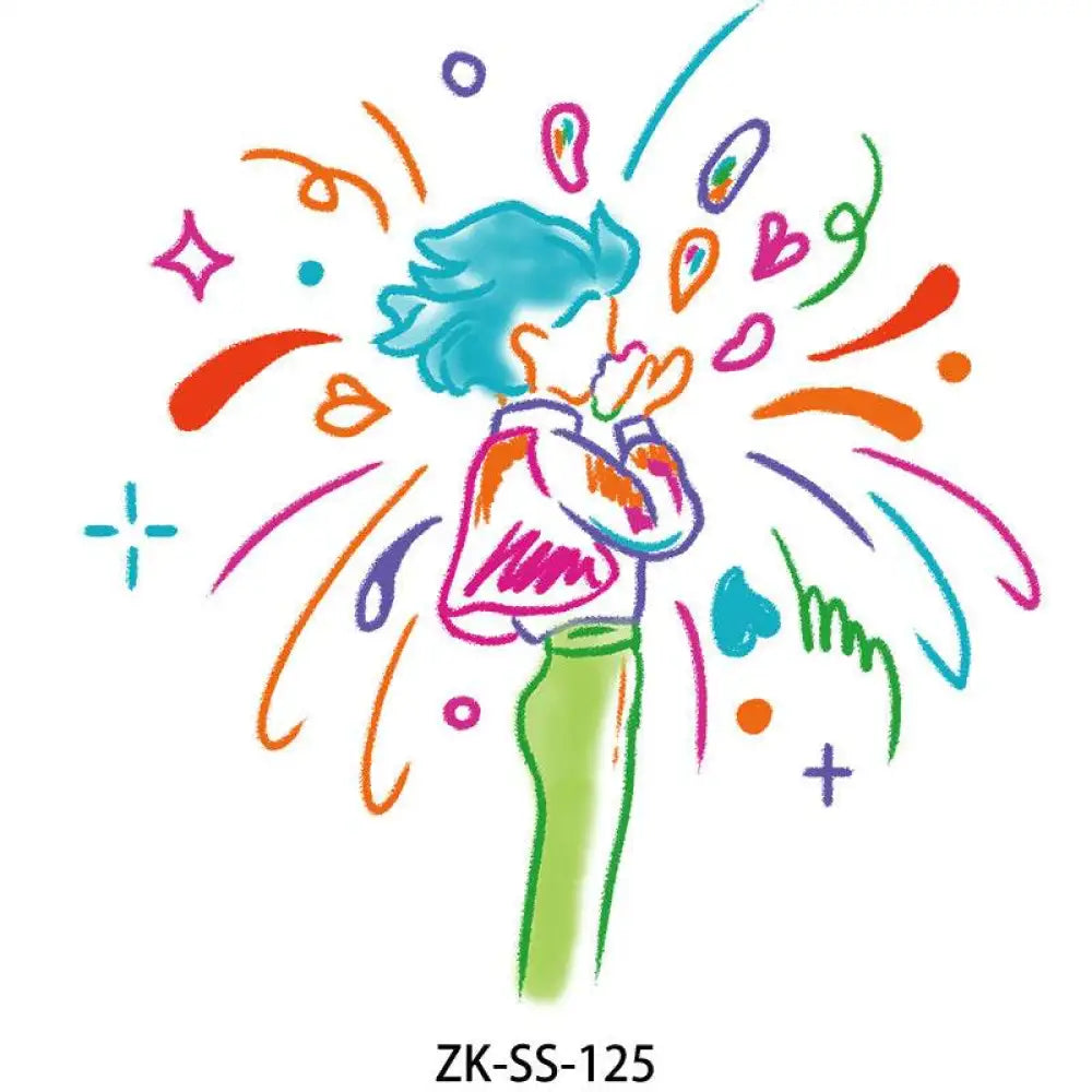 Colorful whimsical illustration of a person blowing kisses on Charcoal Floral tattoo sticker