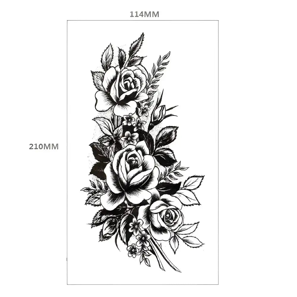 Black and white classic rose temporary tattoo with dimensions 11.4 x 21 cm