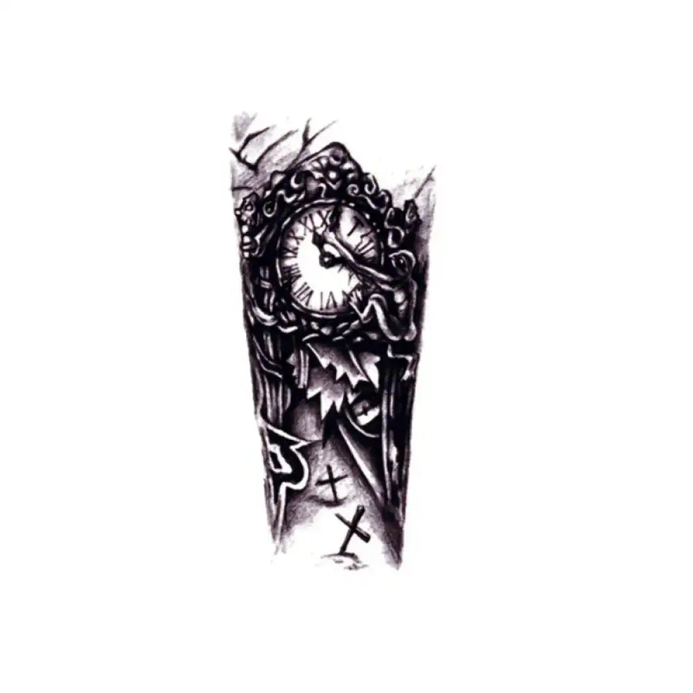 Black and white Clock of Sin tattoo sticker sleeve with clock, gears, grave markers