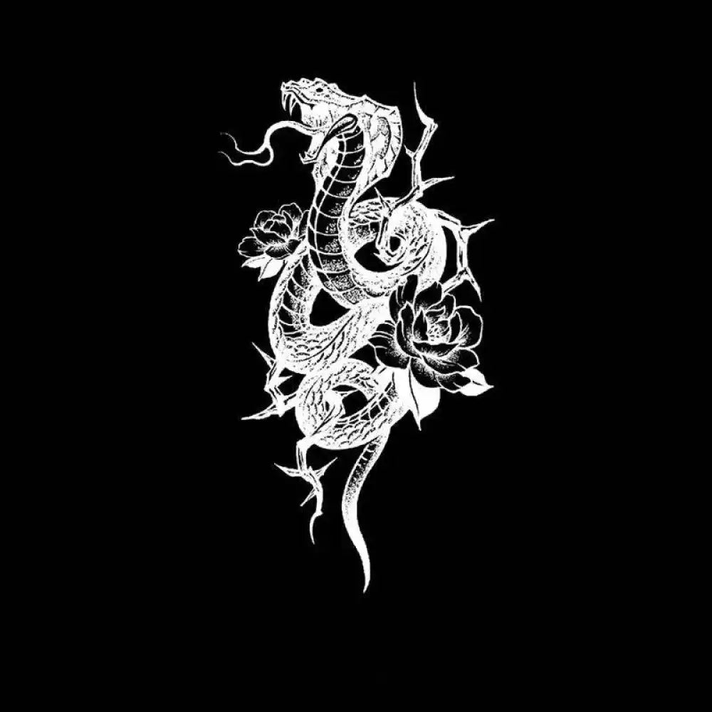 White snake with roses and thorns temporary tattoo sticker for small tattoos on black background