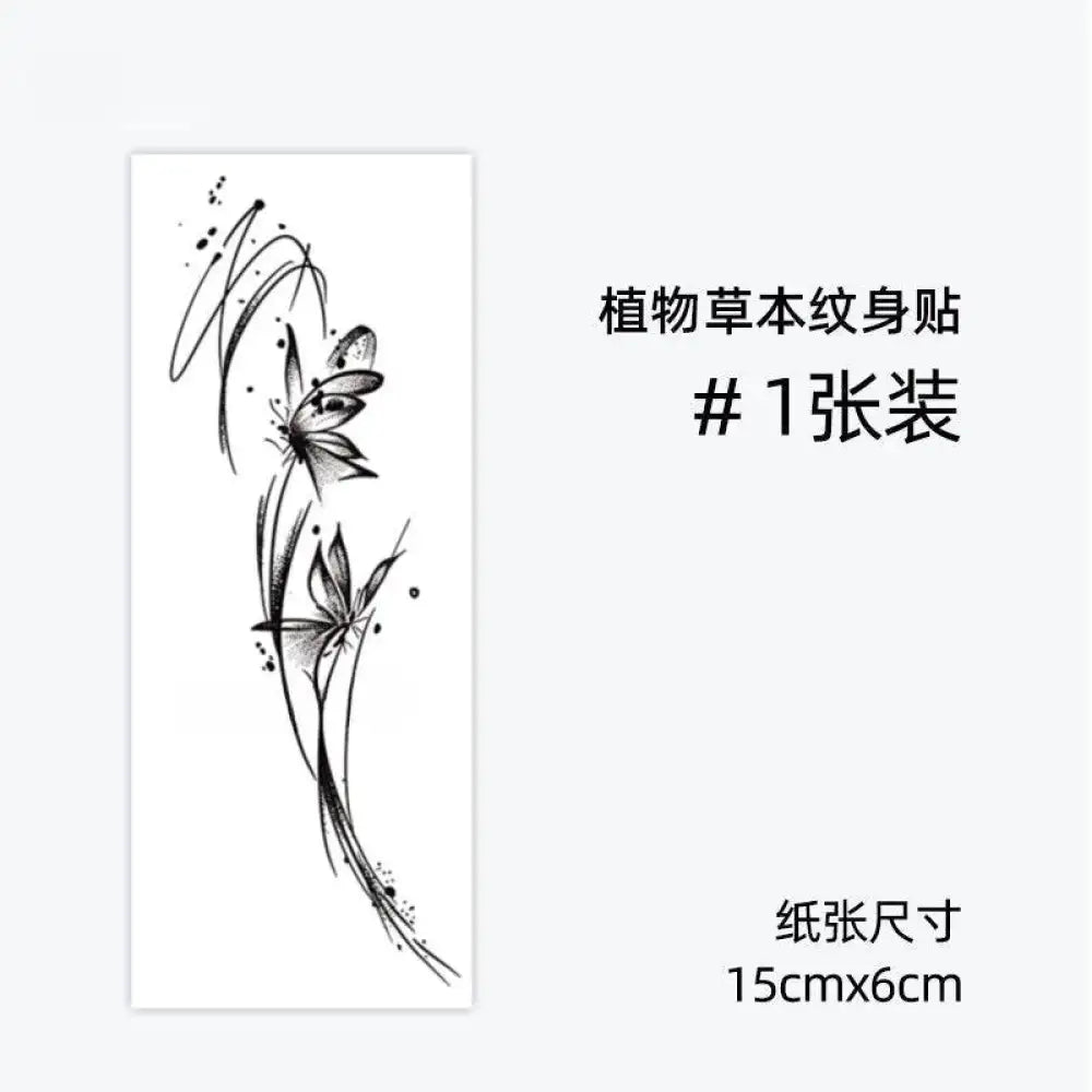 Black and white abstract floral tattoo sticker, 15x6cm colorful butterflies design