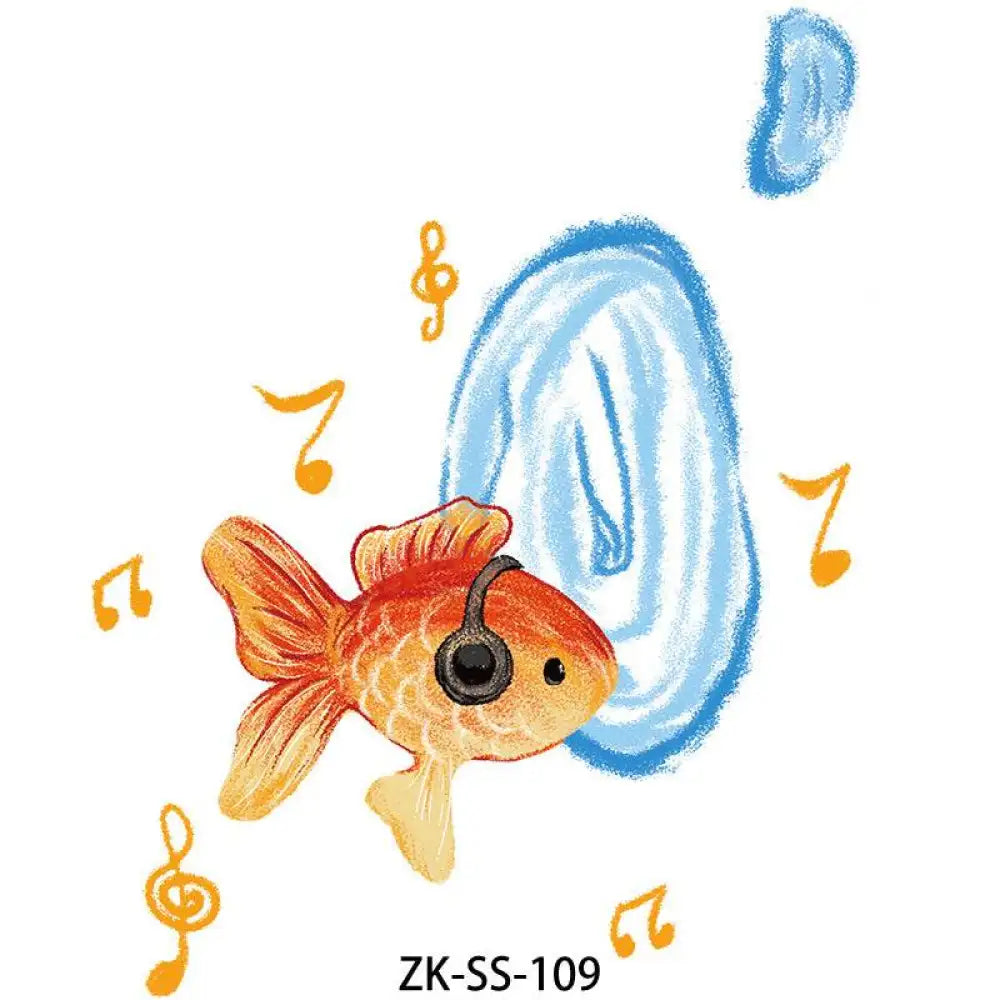 Watercolor coral floral tattoo sticker featuring a goldfish with headphones and musical notes