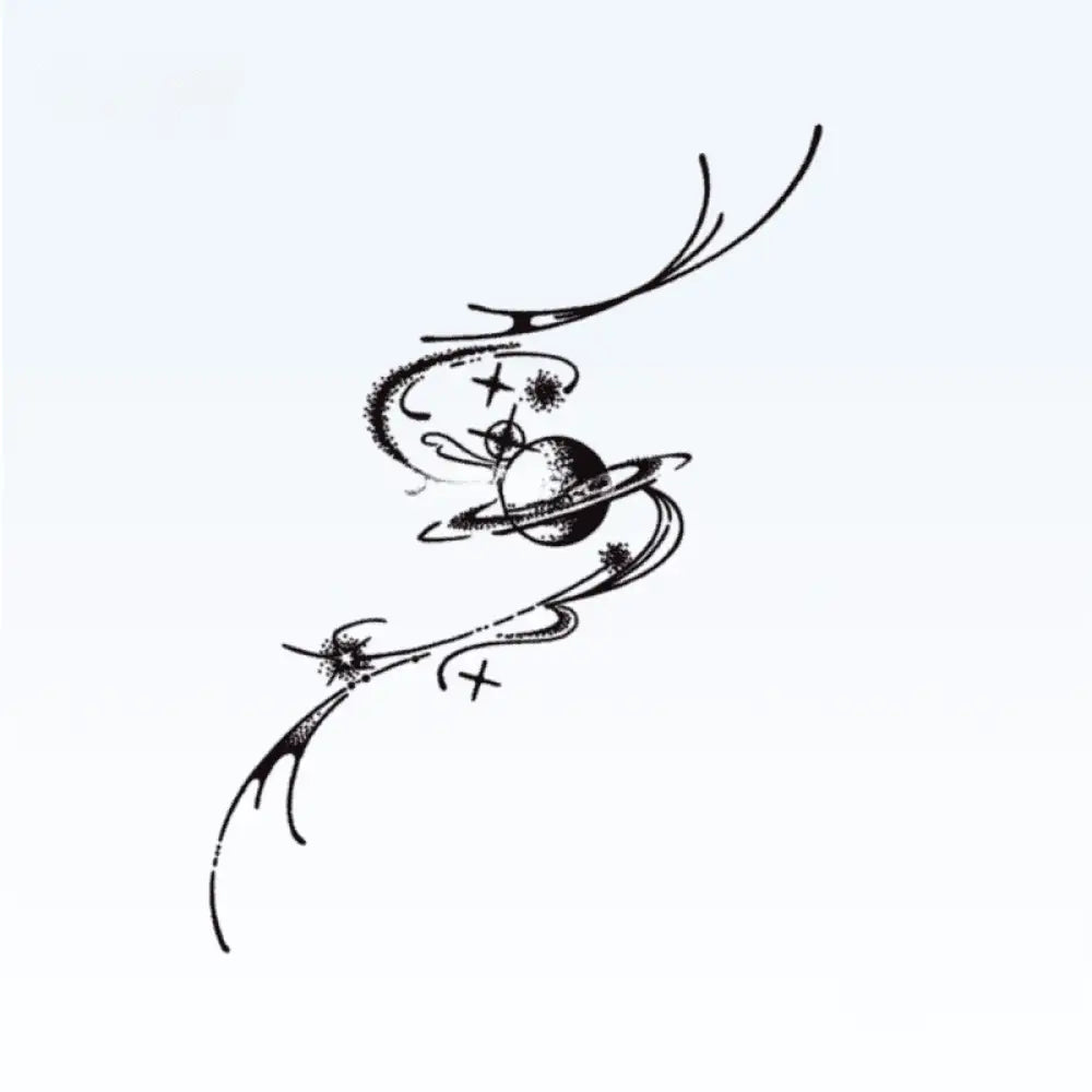 Black and white Saturn and stars tattoo sticker showcasing cosmic starry sky design