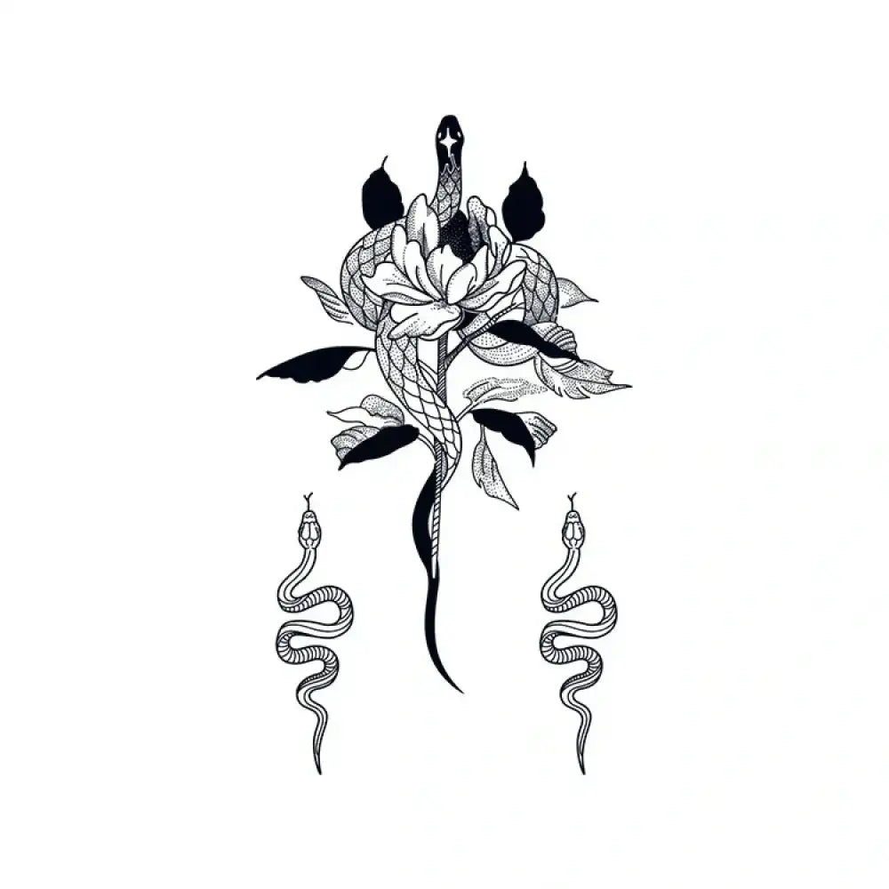 Black and white line art of crawling snake coiled around blooming flower, small tattoo design