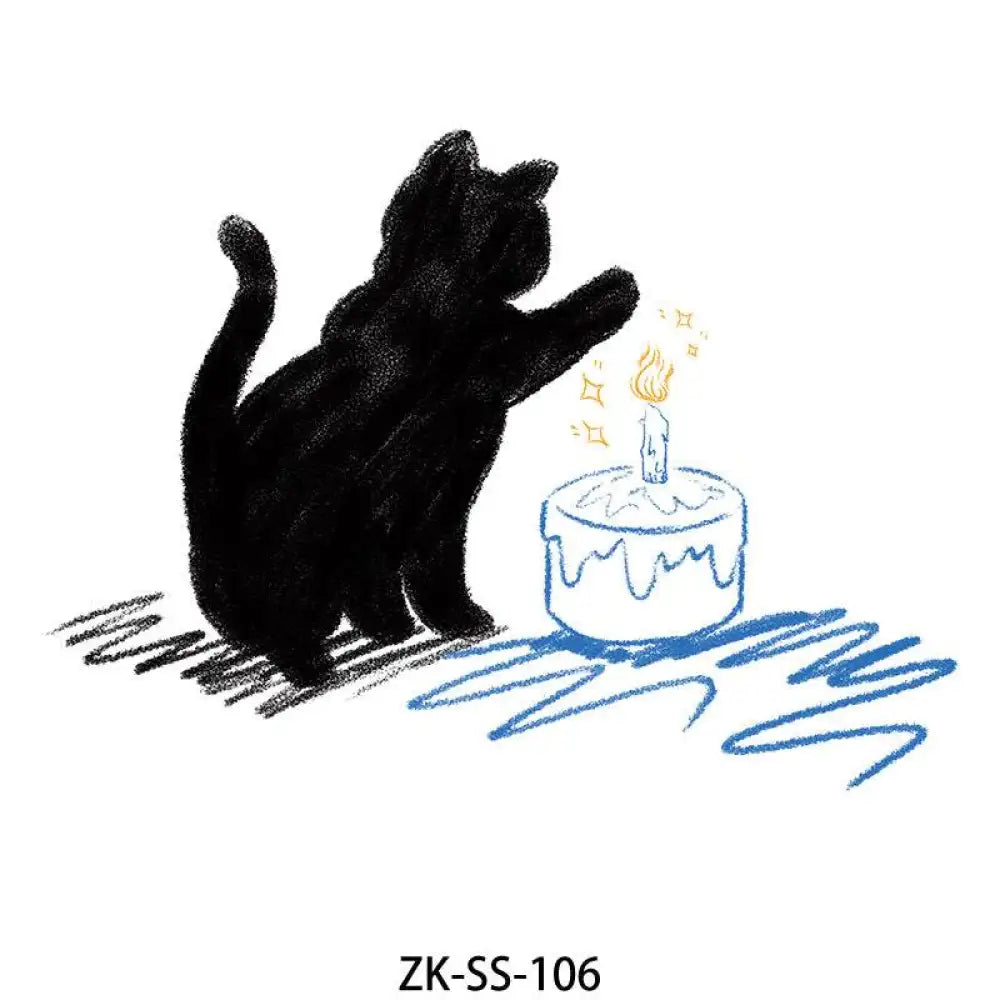Cream Floral tattoo sticker featuring a black cat with paw raised and birthday cake design