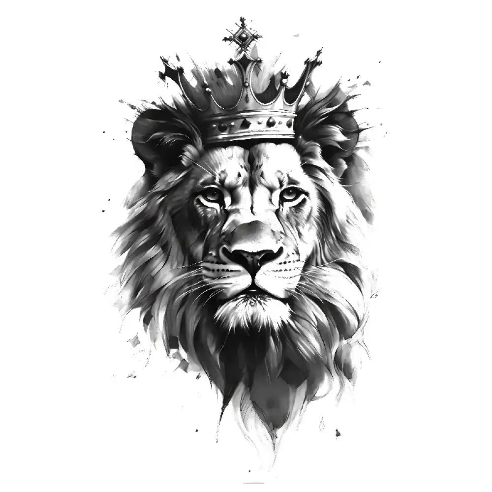 Black and white watercolor crowned lion head with crown, small tattoo sticker