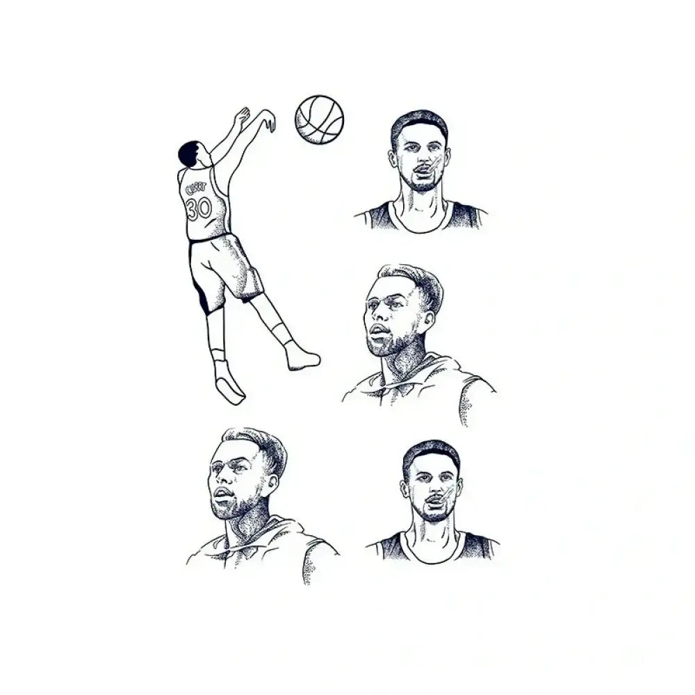 Stylized basketball player tattoo sticker with portraits, ideal for small tattoos, real reviews