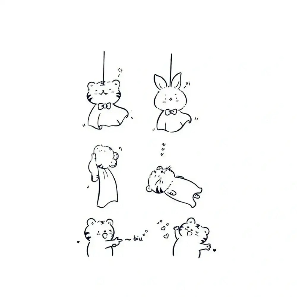 Cartoon-style cute animal character set featuring a tiger and a rabbit with expressive line art