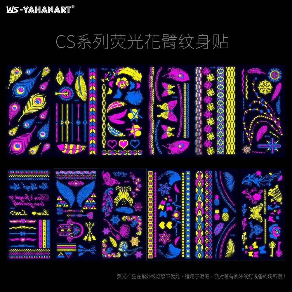 Dark Graffiti GZ fluorescent temporary tattoos with neon UV designs