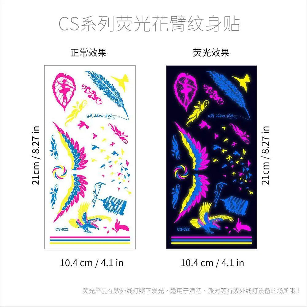 Dark Graffiti GZ fluorescent neon winged angel small temporary tattoos