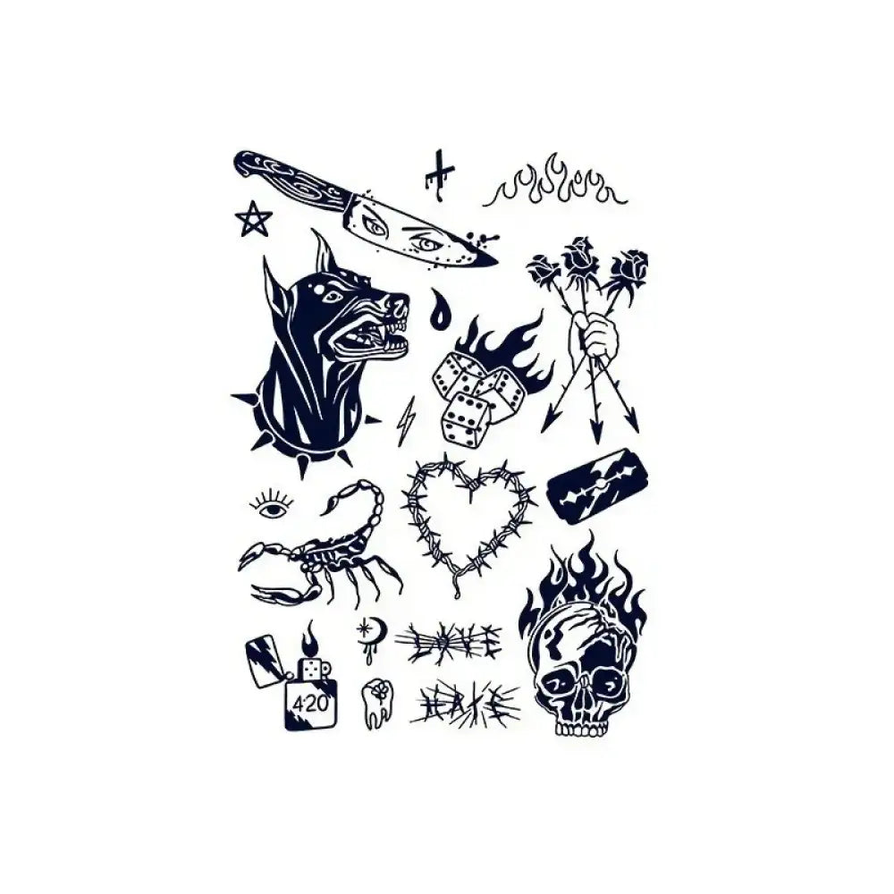 Sheet of dark blue traditional flash style temporary tattoos from Dark Rebel Flash Set