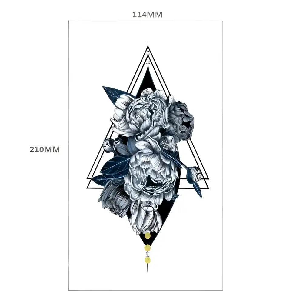 Delicate Rose Temporary Tattoo with geometric floral design in black, white, and blue