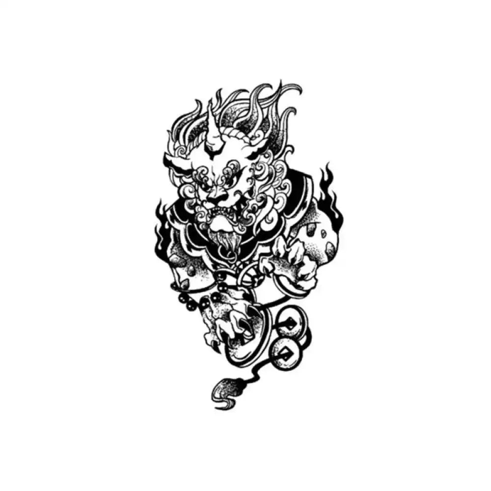 Black and white Demon Slayer tattoo sticker of horned mythical creature with flames and coins, 17x10cm small tattoo