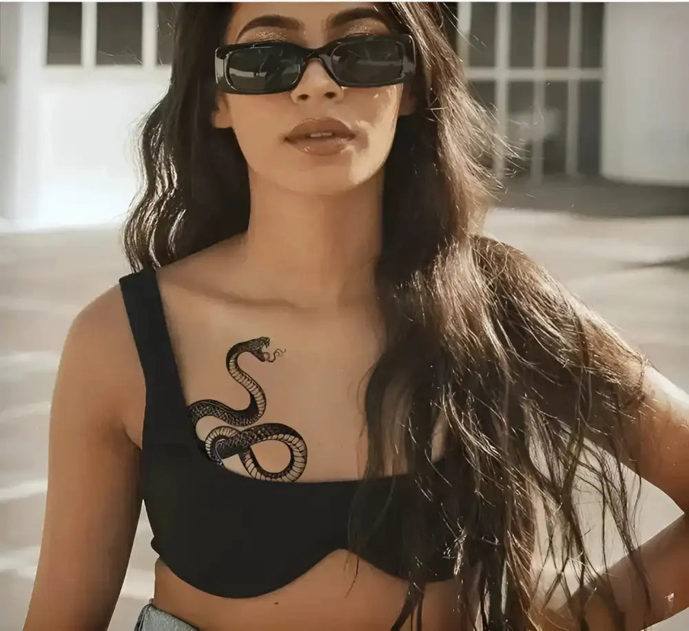 Woman with snake tattoo sticker on chest, Don’t Bother Me design