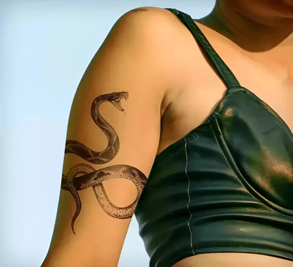 Woman’s arm with snake fake tattoo in dark green bra, Don’t Bother Me 10x14cm temporary tattoos