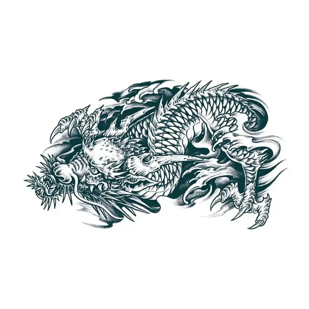 Intricate Dragon’s Rage 3 black and white tattoo design with fierce scales and smoke