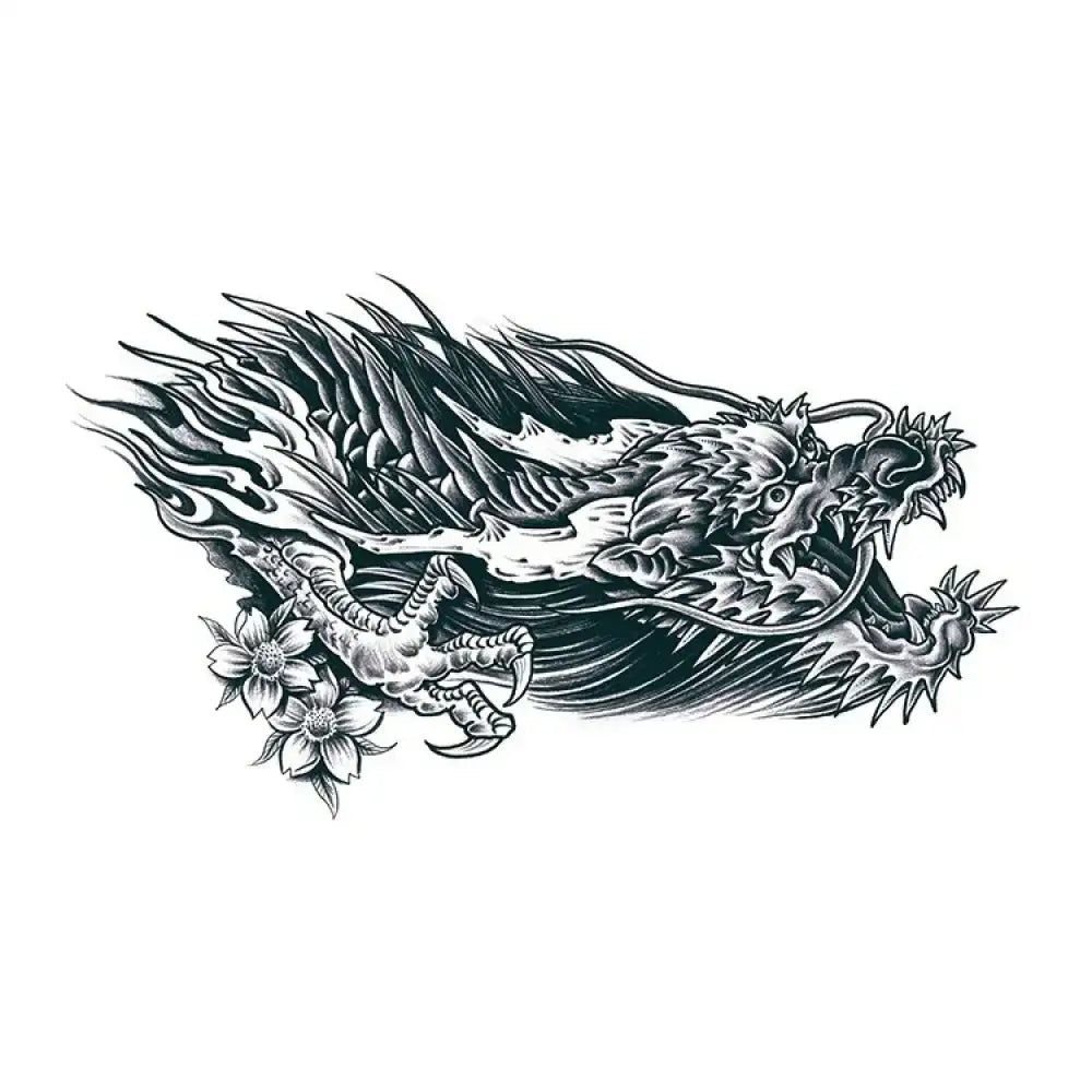 Black and white Dragon’s Rage 4 tattoo sticker of fierce dragon head with claw and cherry blossoms