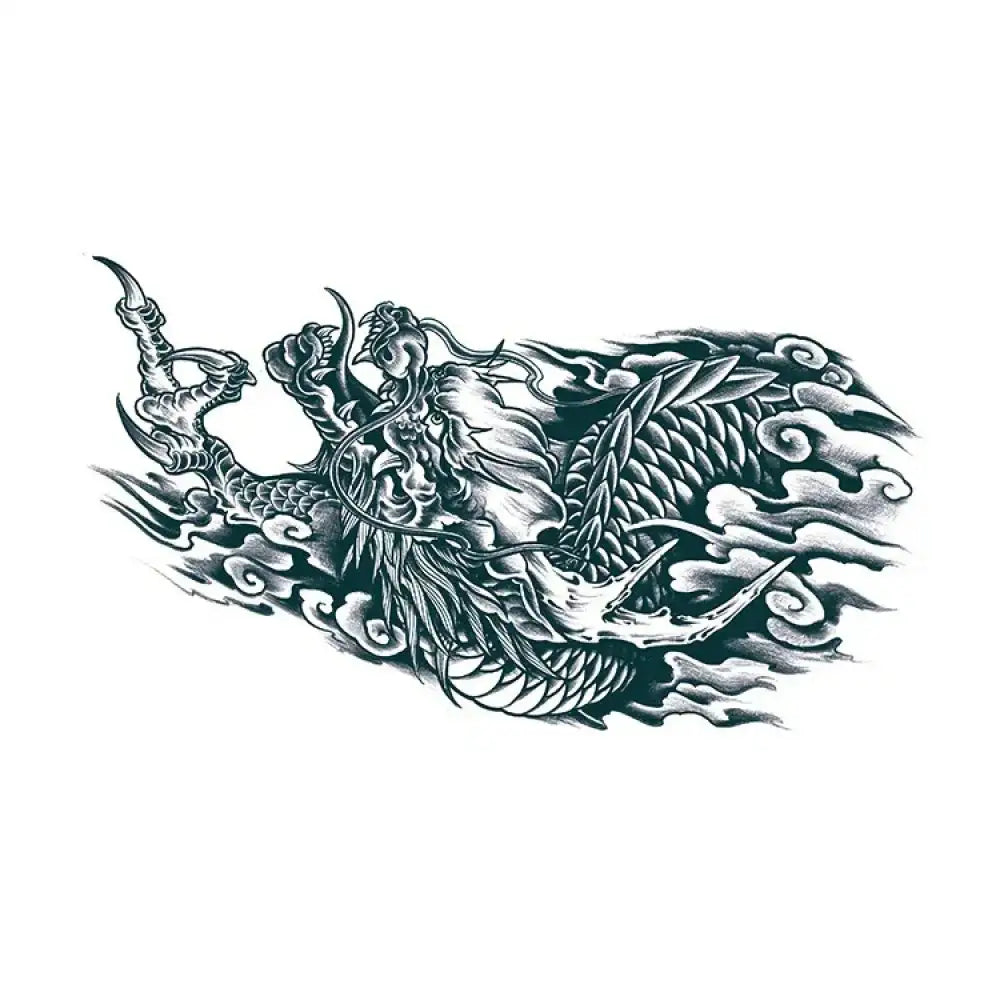 Detailed black and white dragon tattoo design surrounded by clouds in Dragon’s Rage 5