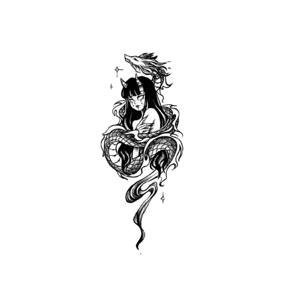 Black and white horned woman with long hair embraced by coiling dragon small temporary tattoo sticker, Drakan 16x8cm