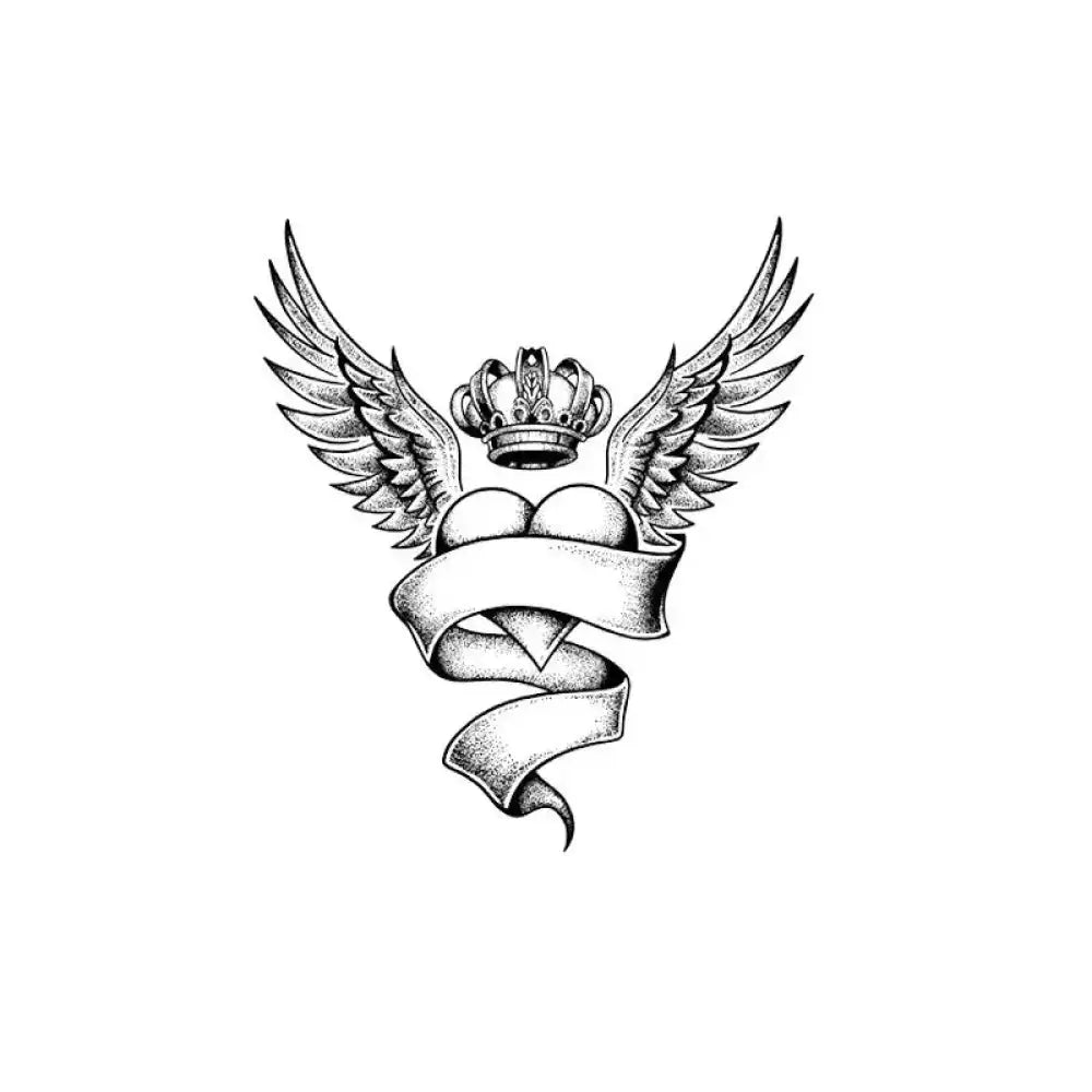 Winged heart tattoo sticker with crown and blank banner, ideal for small tattoo designs