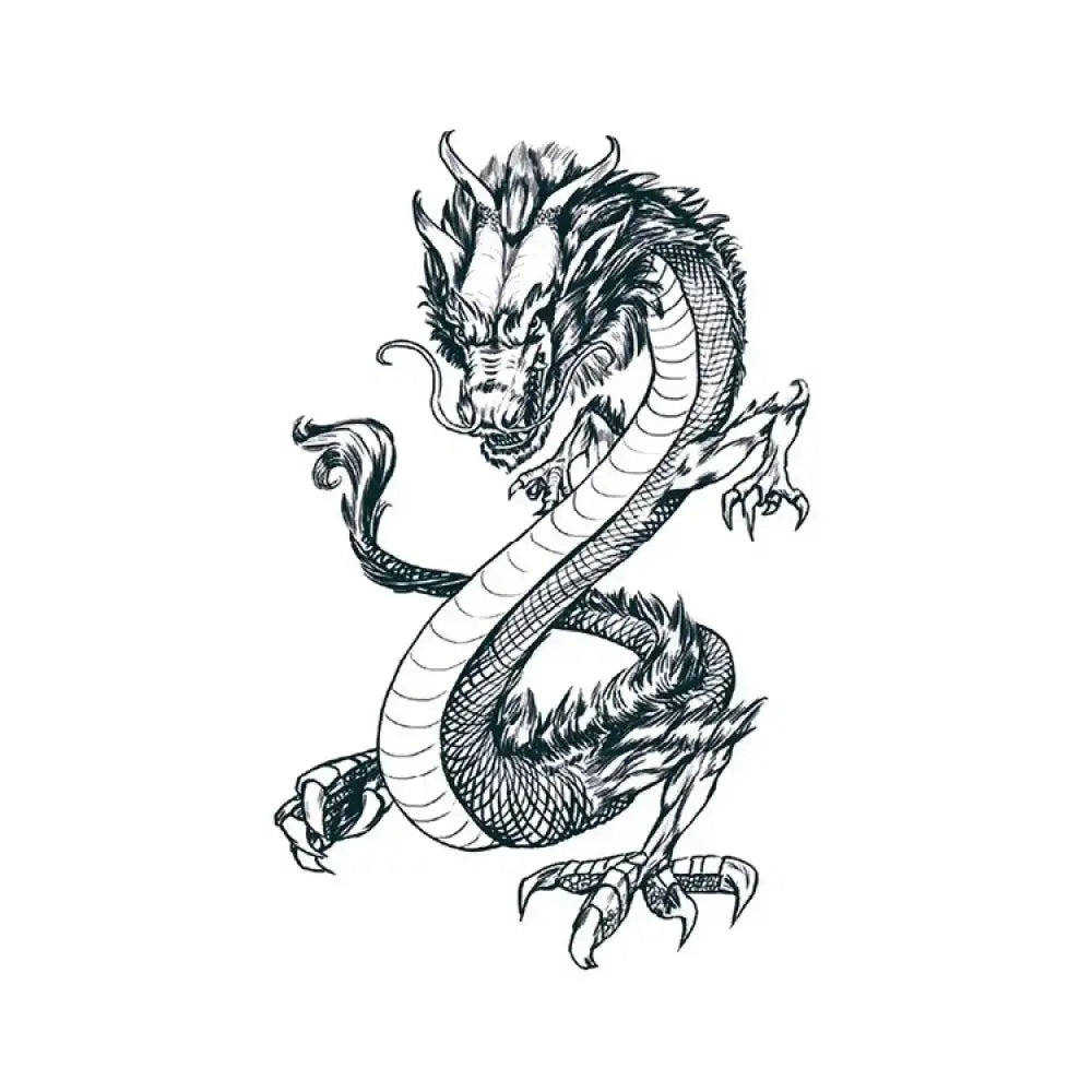 Detailed black-and-white sketch of Eastern Dragon tattoo sticker
