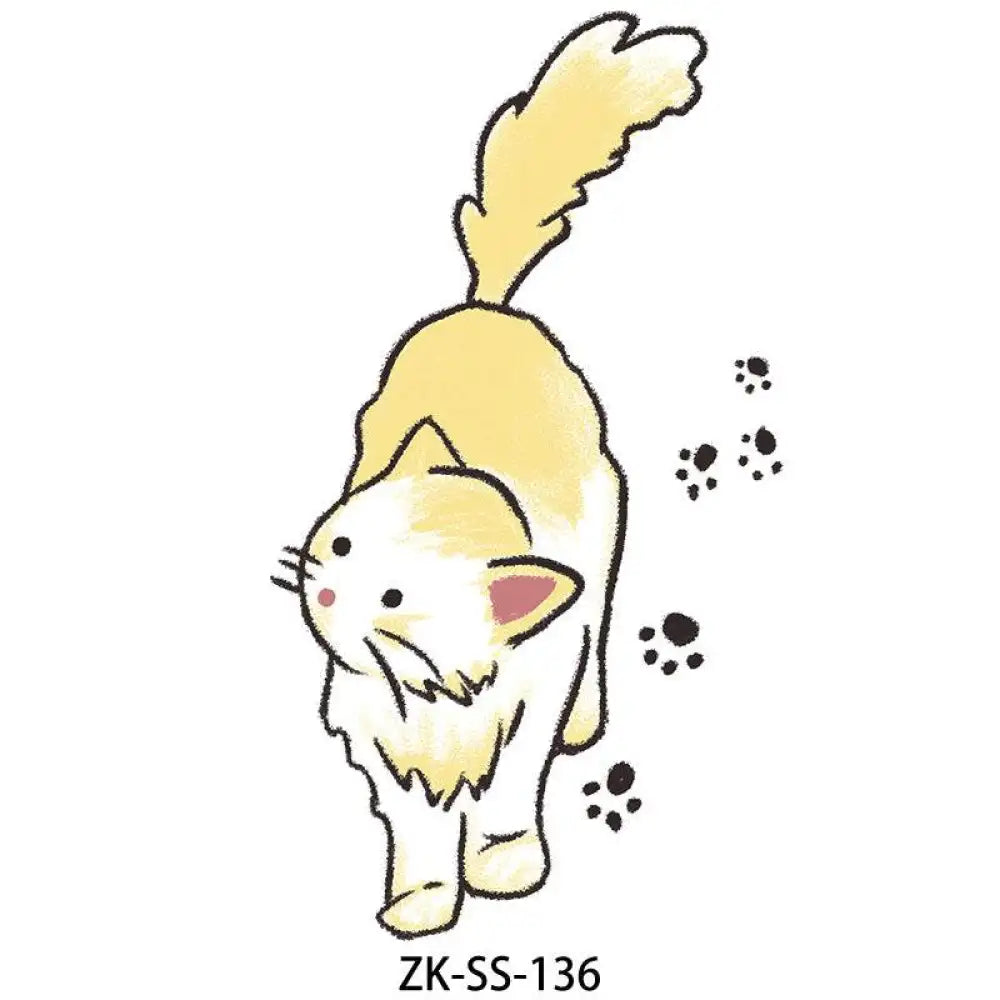 Espresso Floral tattoo sticker featuring a playful light yellow and white cartoon cat with paw prints
