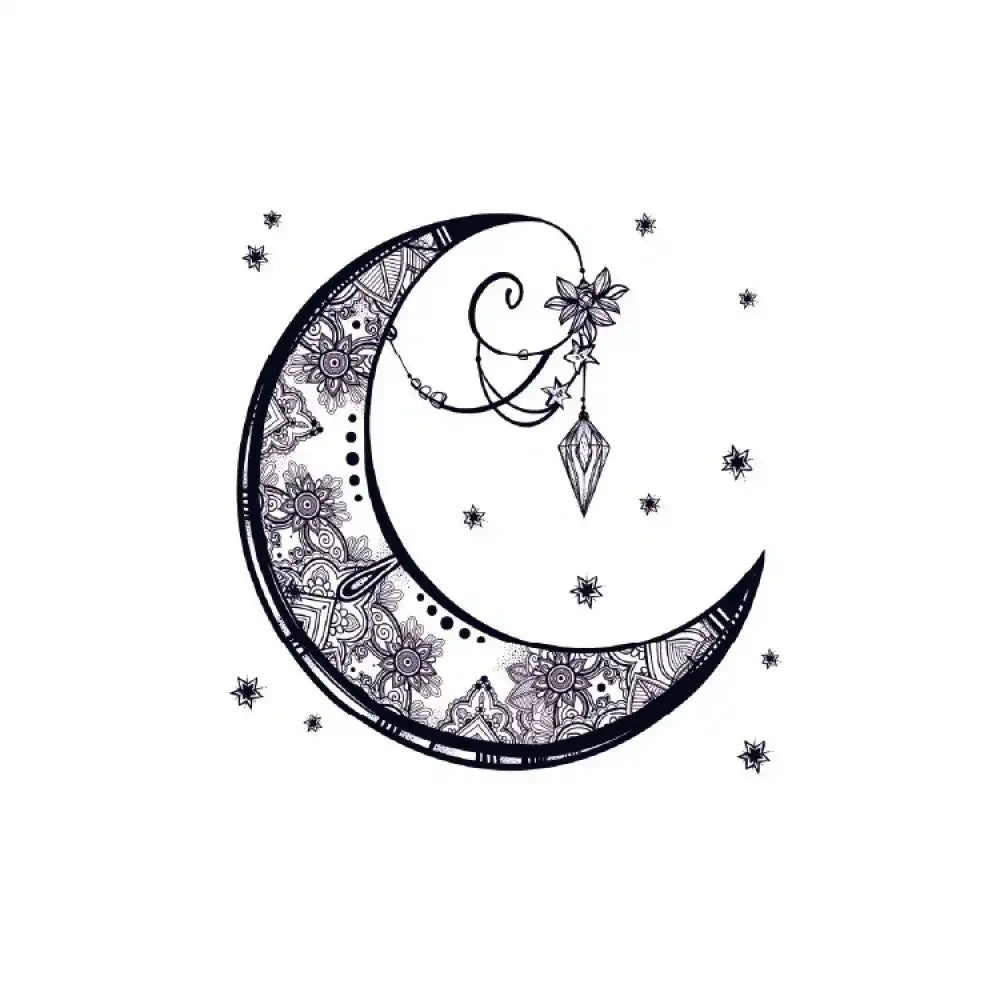 Esthetic Moon intricately designed crescent moon tattoo sticker with floral and star embellishments