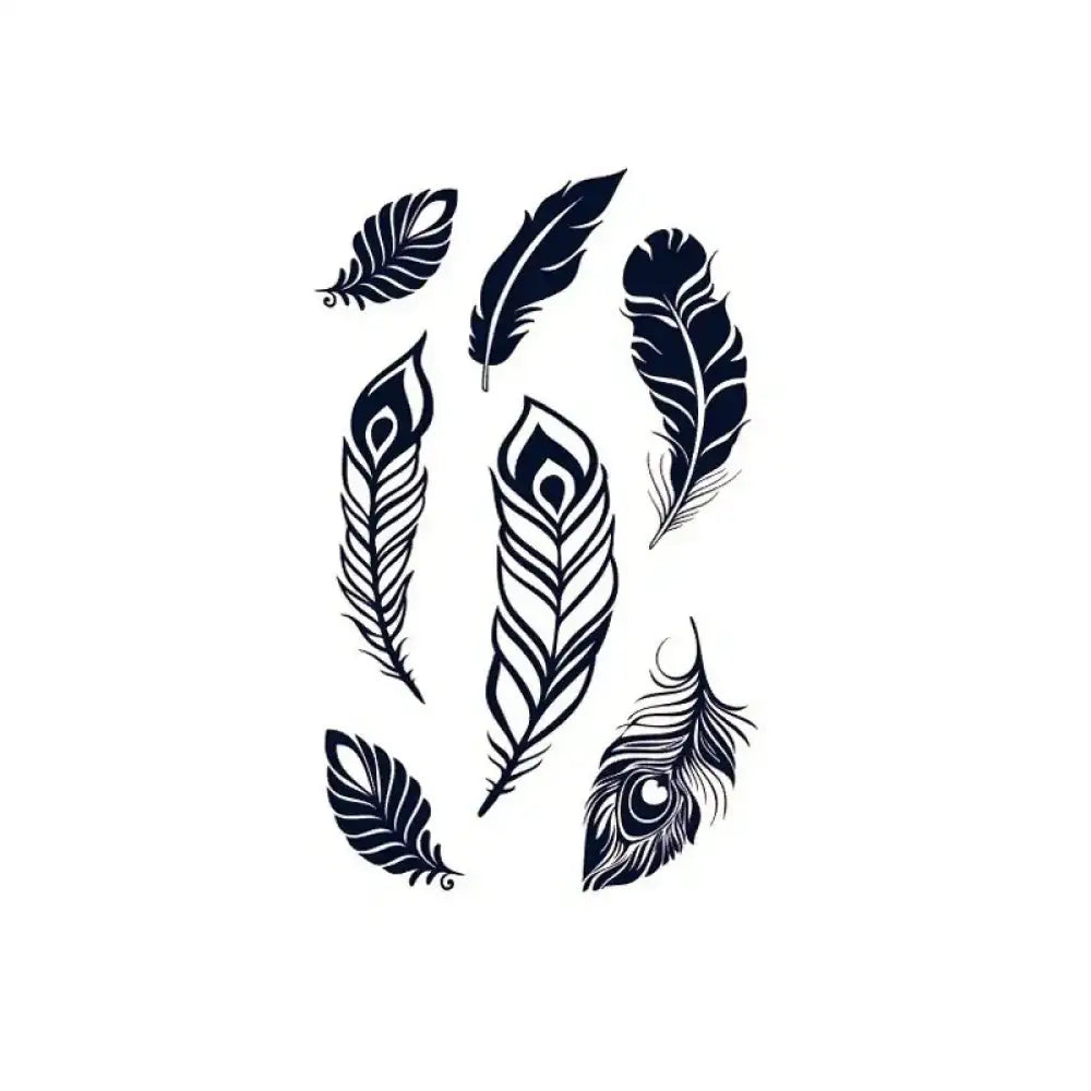 Seven stylized black and white feather bundle designs for small tattoos