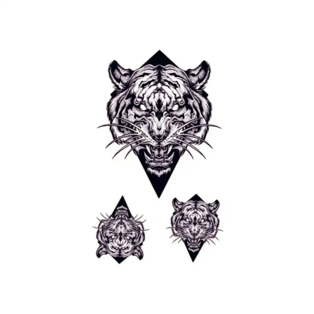 Three ferocious tiger roaring heads in diamond shapes, small tattoo sticker design