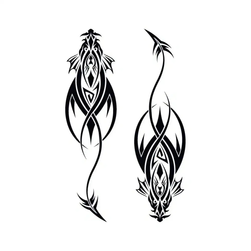 Two vertical black tribal dragon small tattoo designs in Fish Totem