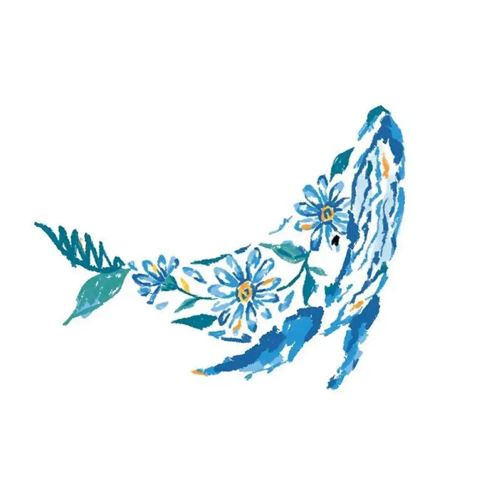 Floral whale tattoo sticker made of blue flowers and brushstrokes with real reviews