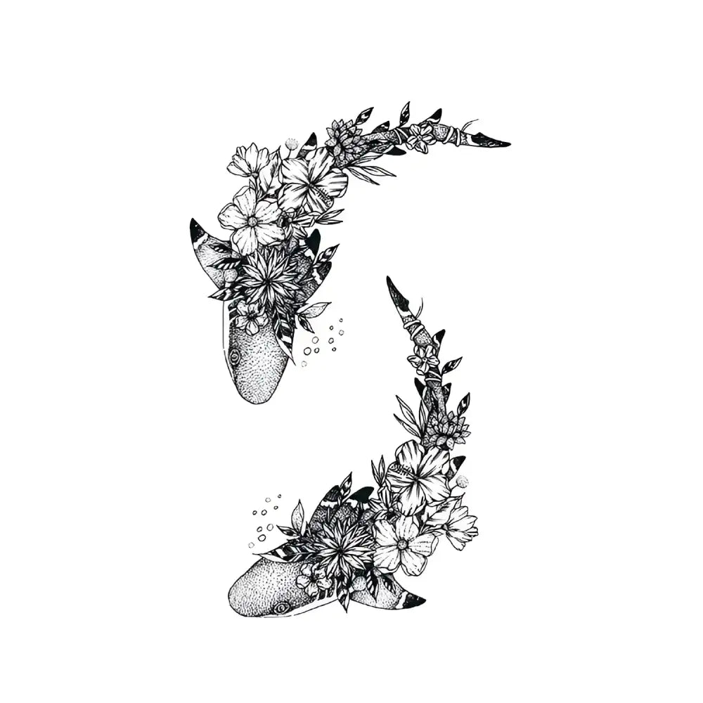 Black and white floral shark illustrations for Floral Whale Harmony tattoo sticker
