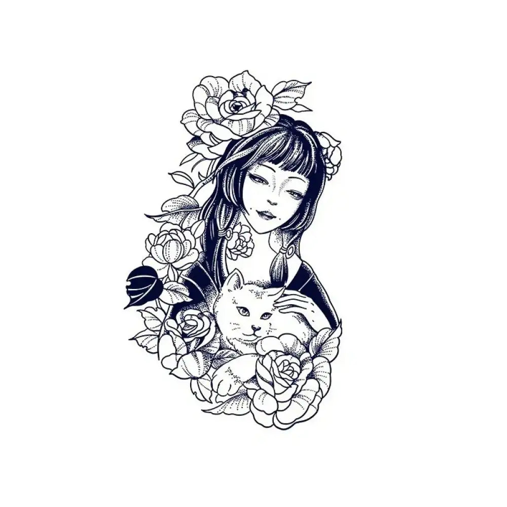 Tattoo sticker of a flower girl with a serene woman, roses, and a cat design