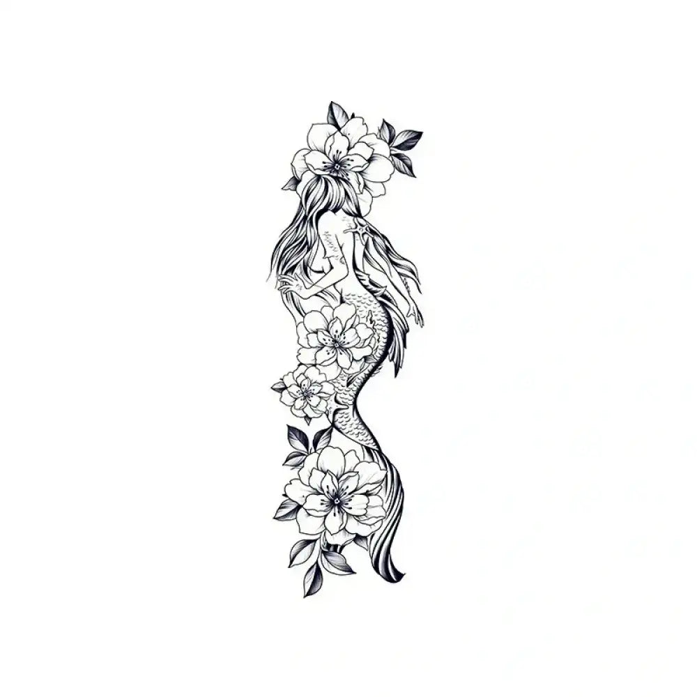 Black and white mermaid tattoo design with flowers and leaves