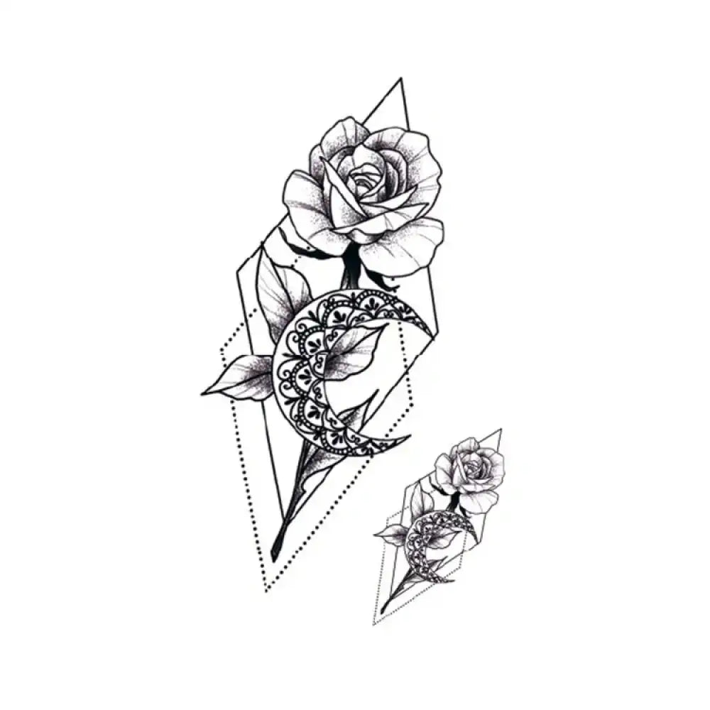 Black and white rose and crescent moon small tattoo design, Flower Moon sticker