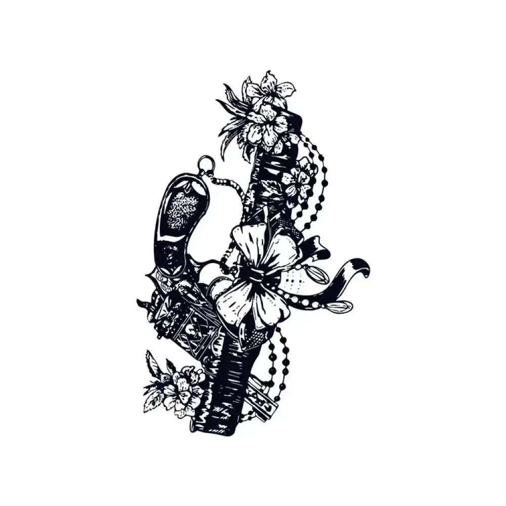 Ornate revolver with flowers tie and beaded chains, small tattoo design