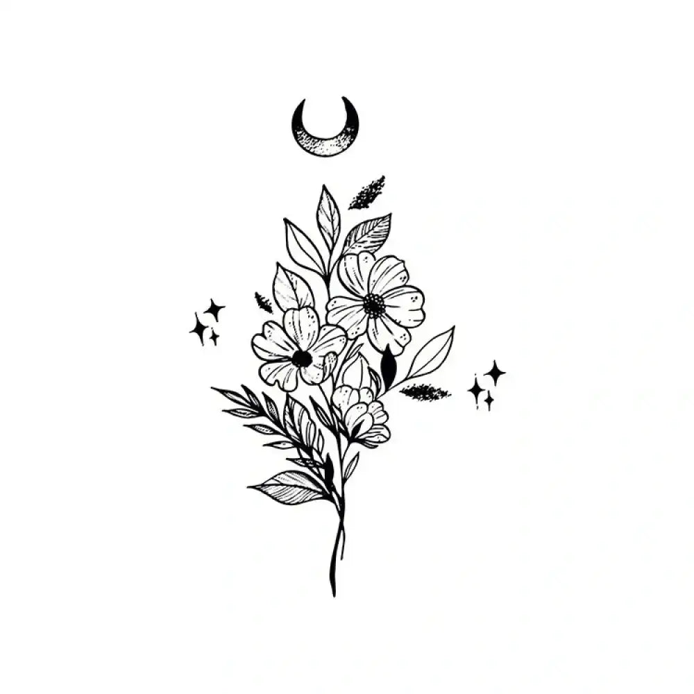 Crescent moon over wildflower bouquet tattoo sticker design